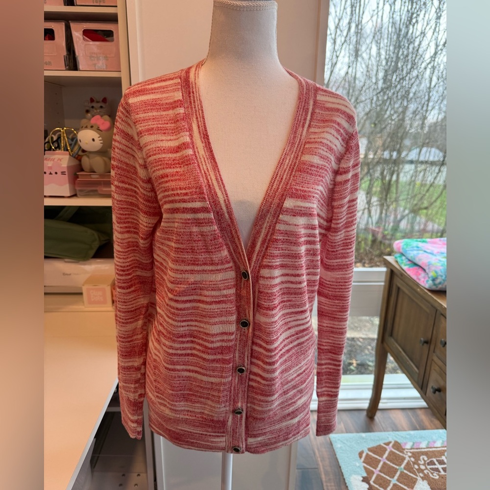 Lucky Brand EUC Space Dye Cardigan Red White Small Lightweight Knit